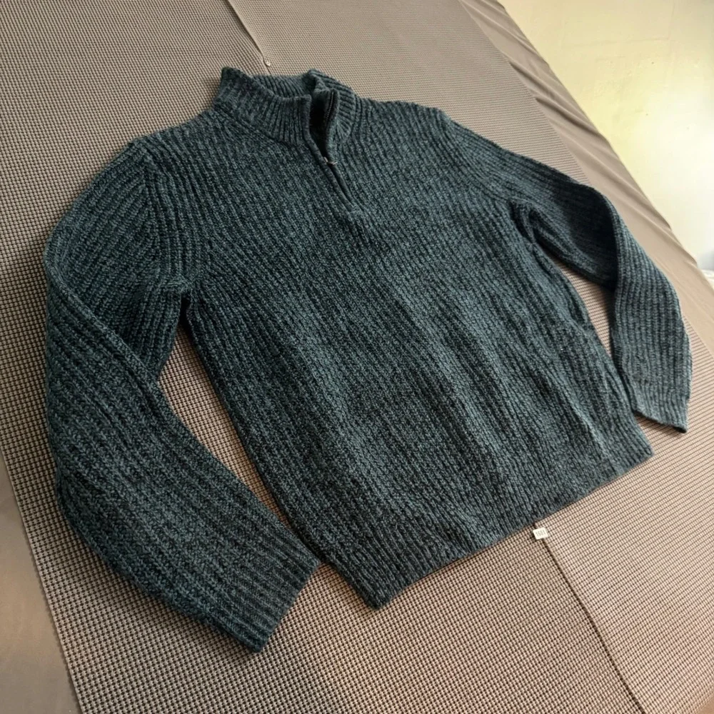 Banana Republic Mens Large Teal Marled Ribbed Knit Quarter Zip Sweater Pullover